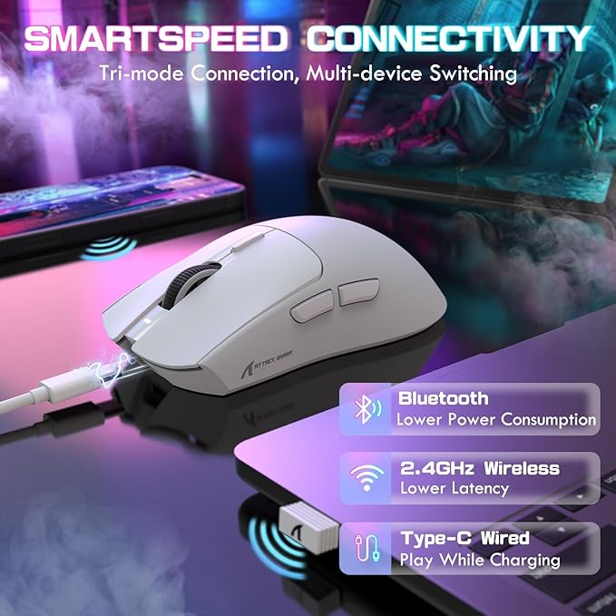 ATTACK SHARK X1 Ultralight Wireless Gaming Mouse with Magnetic RGB Charging Dock,PixArt PAW3395 Pro Sensor,40000DPI,BT/2.4Ghz/Wired,1K Polling,Optical Micro Switch,Web Driver for PC Mac Gamer(White)