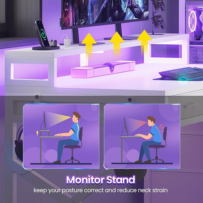 SEDETA 55" Gaming Desk with 6 Drawers, Corner Gaming Desk with Storage & LED Lights, Reversible PC Desk with Power Outlet, Corner Computer Desk with Hutch, Monitor Stand, Side Hook (White)