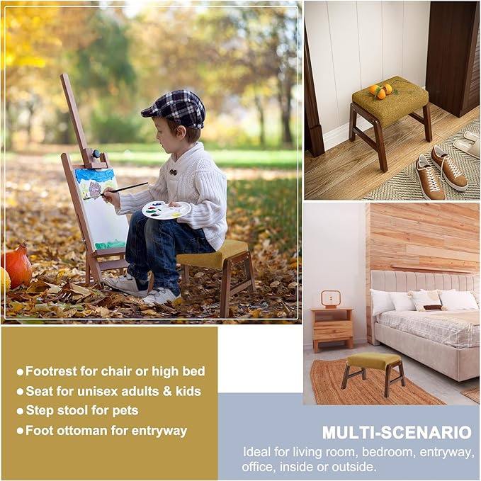 Small Footstool Ottoman, 11.8" H Fabric Wooden Foot Rest Ottoman with Wood Legs, Small Foot Stool Sofa Footrest Extra Seating for Living Room Entryway Office, Turmeric