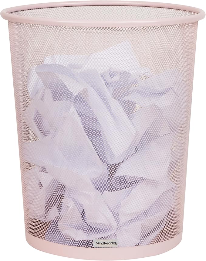 Mind Reader Mesh Trash Can, 16.65L (4.4 gal), Waste Paper Basket, Round, Office, Metal Mesh, Pink