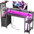 Korfile 48 Inch Gaming Desk with LED Lights & Power Outlets,Computer Desk with Fabric Drawers & Side Hook,Reversible Gamer Table with Monitor Stand for Game Room,Home Office,Carbon Fiber Black