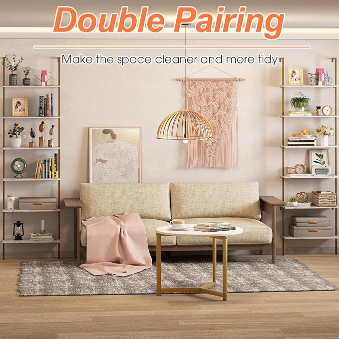 Wolawu Ladder Shelf 6 Tiers Marble White Modern Bookshelf Open Tall Wall Mount Bookcase Standing Leaning Wall Shelves Industrial Decorative Living Room Bed Room