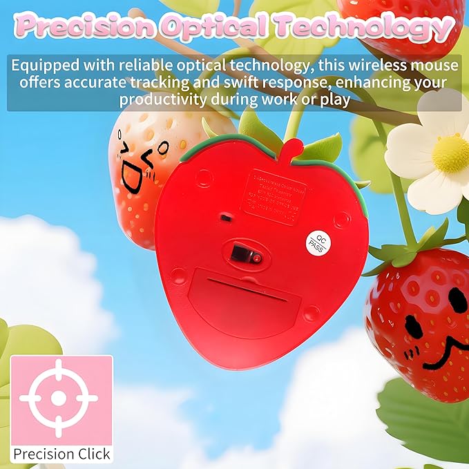 Cute Strawberry Wireless Mouse - 2.4G & Bluetooth Dual-Mode, Ergonomic Design for Laptop/PC - Perfect for Students & Gamers, Comfortable Grip & Plug-and-Play (Red)