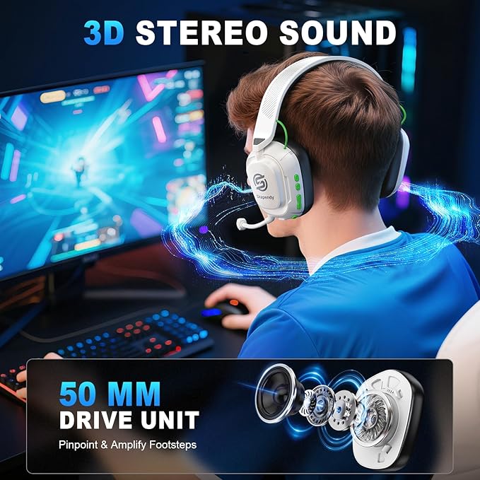 2.4GHz Wireless Gaming Headset for PC, PS5, PS4, Switch & Mac, Bluetooth Headset with Noise Canceling Microphone, Low-Latency Stereo Audio, 50mm Drivers, Over-Ear Design, Phantom White