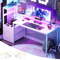 Aheaplus Gaming Desk with LED Strip & Power Outlet, 59Inch Reversible Computer Desk with Monitor Stand & Storage Shelves, Home Office Desks with Fabric File Drawer, Gamer Table PC Desk, White