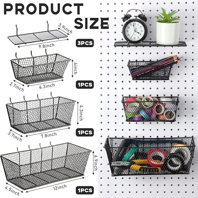 Sieral 6 Pieces Pegboard Baskets Wall Mount Wire Peg Board Baskets 3 Sizes Pegboard Accessories Slatwall Bins Basket Home Garage Hanging Organizer for Tools and Craft(Black)