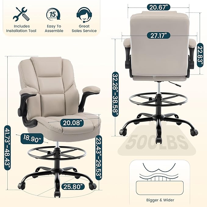 Drafting Chair 500Lbs, Tall Office Chair for Standing Desk, High PU Leather Executive Office Chair with Flip-up Armrests, Ergonomic High Chair with Adjustable Foot Ring, Comfy Stool Chairs, Beige
