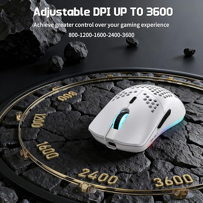 FREEWOLF X HXSJ T66 Wireless Gaming Mouse Tri-Mode Superlight Honeycomb Design PAW3212 3600DPI Sensor 1000Hz Polling Rate Bluetooth/2.4Ghz/Wired Ergonomic PC Mice RGB Light Programmable Buttons-White
