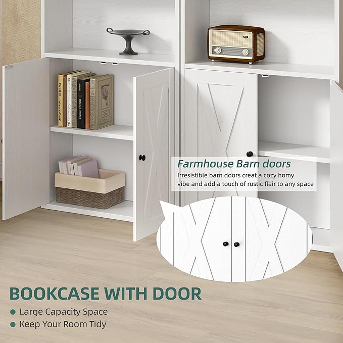 Shintenchi Bookshelf, Industrial Bookshelves and Bookcases with Doors Floor Standing 6 Shelf Display Storage Shelves 70.6 inches Tall Bookcase for Home Office, Living Room (White)