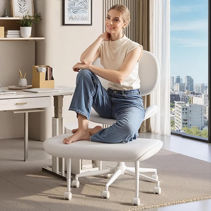 Pinmoco Upgraded Cross Legged Office Chair with Wheels, ADHD Chair for Adults, Wider Height Adjustable Backrest and Seat, Meditation Chair, Ergonomic & Yoga Office Chair, PU Leather, Beige, White