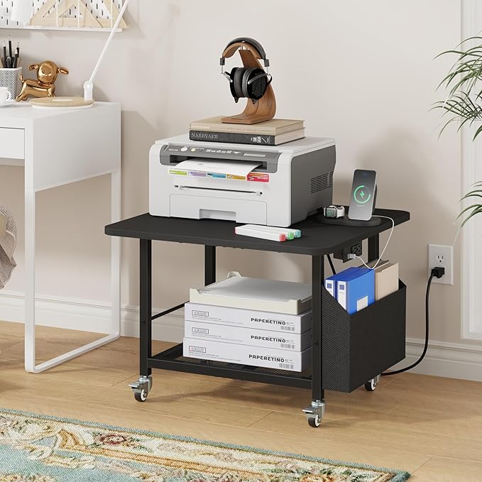 YAOHUOO 23.6"×23.6" Large Priner Stand with Power Outlet, Printer Table with Storage Side Pocket, Heavy Duty Rolling Cart for Home Office 3D Printer/Laser/Heat Press Table, Black