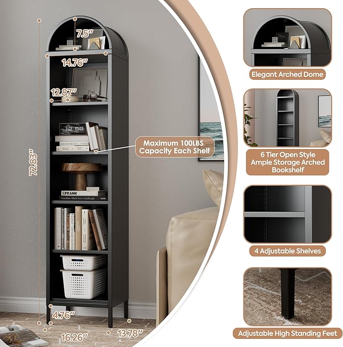 Aobabo Black Narrow Arched Bookshelf, 72.8" H Metal Arch Bookcase with 4 Adjustable Shelves, Open Display Arched Bookcase for Dining Room, Home, Office, Assembly Required