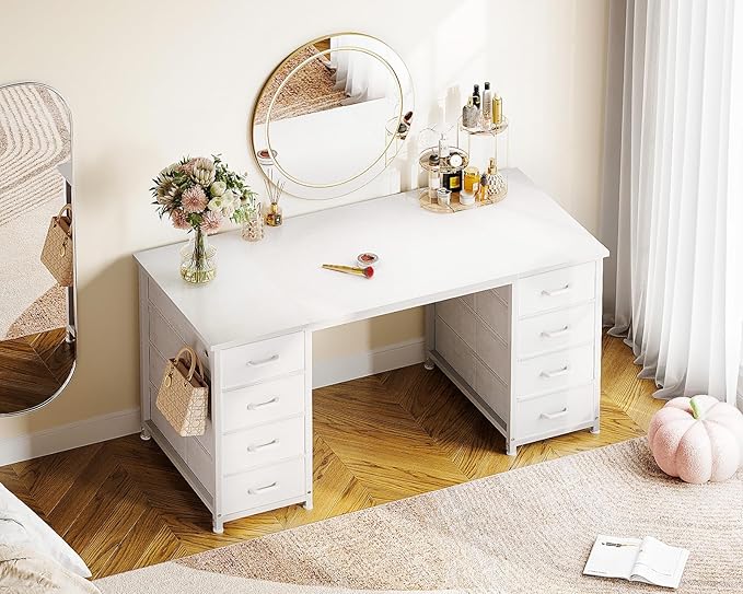 Casaottima 48 Inches Vanity Desk with 8 Fabric Drawers, Modern Office Desk with Large Storage for Home Office, Study, White
