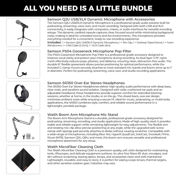 SAMSON Q2U USB/XLR Connectivity Dynamic Microphone with Accessories - PS04 Gooseneck Microphone Pop Filter, SR350 Over-Ear Stereo Headphone, Boom Arm Microphone Mic Stand & Cleaning Cloth - Bundle Kit