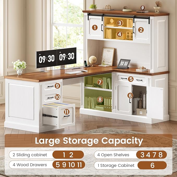 SEDETA 67" Farmhouse L Shaped Desk with Hutch, Executive Home Office Desks with 4 Drawers & Storage Cabinet, Corner Computer Desk with Sliding Doors, File Drawer & Power Outlet, White+Brown