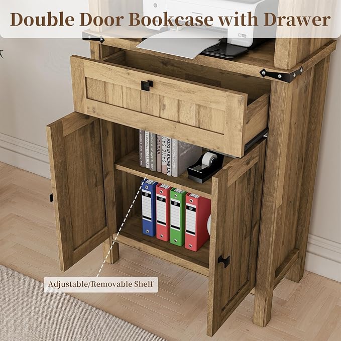 Farmhouse Lateral File Cabinet 2 Drawer and 71" Tall Bookcases Sets, 46" Filing Cabinets with Power Outlets & Storage Shelf, 3 Pcs Home Office Furniture Set (Light Brown, 46" F.C.+B.C.x2)