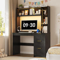 Lvifur Home Office Desk - with Hutch & Storage Cabinet,LED Study Desk with Outlet and 3 Color LED and Card-Based Lock,Writing Desk Computer Desks for Studyroom,Ideal for Office Set,Black