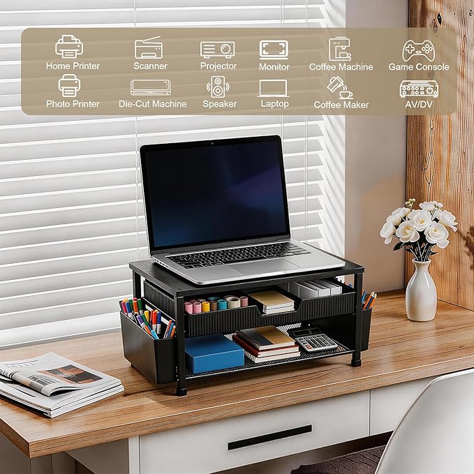 Printer Stand for Desk with Storage, Desk Organizer with Drawer and Pen Holder, Printer Table for Home Office, Multi-Purpose for Home Printer, Fax Machine, Scanner, Die-Cut Machine (Black)