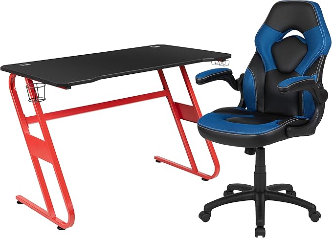 Flash Furniture Red Gaming Desk and Blue/Black Racing Chair Set with Cup Holder and Headphone Hook
