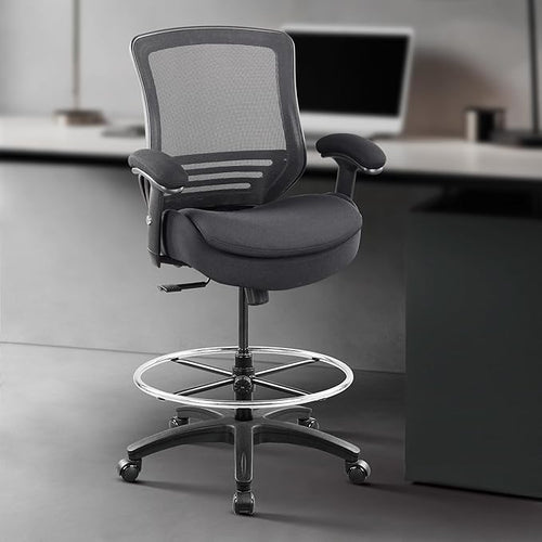 BOLISS 400lbs Ergonomic Office Drafting Chair Mid Mesh Back for Height Adjustable Desk 21inch Foot Ring Height Adjustable Armrest (Black) ﻿