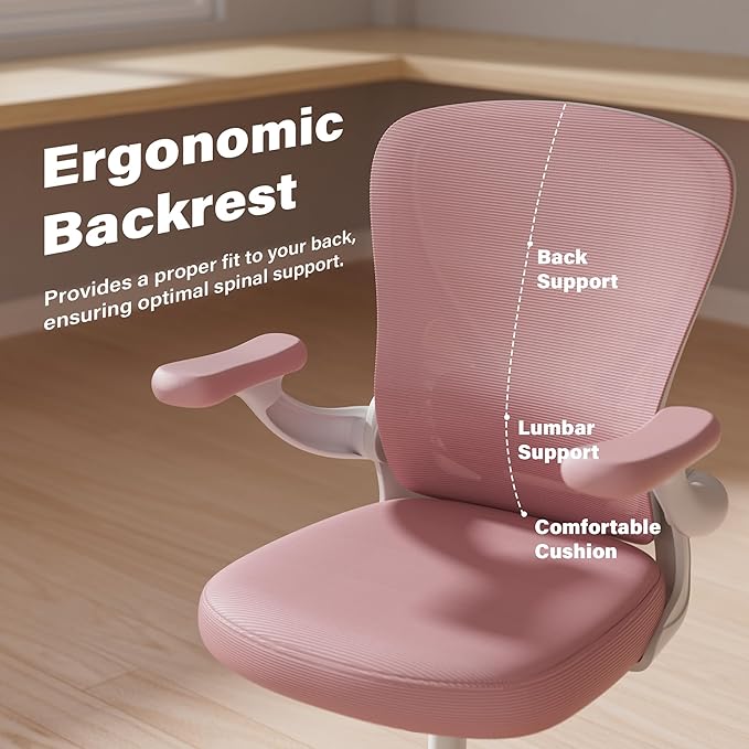 GYI Office Chair Ergonomic, Computer Desk Chair with Mesh Back, Adjustable Lumbar Support, 3D Flip-up Arms, Wheels, Pink