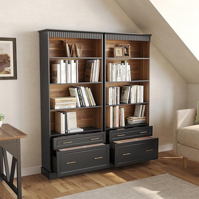 LITTLE TREE 72" Tall Black Bookcase, 5-Tier Office Bookself with File Cabinet Drawers,Modern Floor Standing Storage Filing Cabinet Book Shelf for Living Room,Bedroom(2 Piece,Black)
