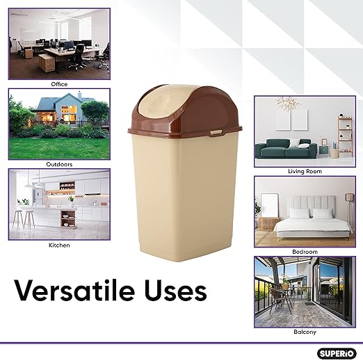 Superio Kitchen Trash Can with Swing Top Lid, Slim Waste Bin Durable Plastic, Fit Small Spaces, Office, Bathroom, Under Counter (Beige/Brown)