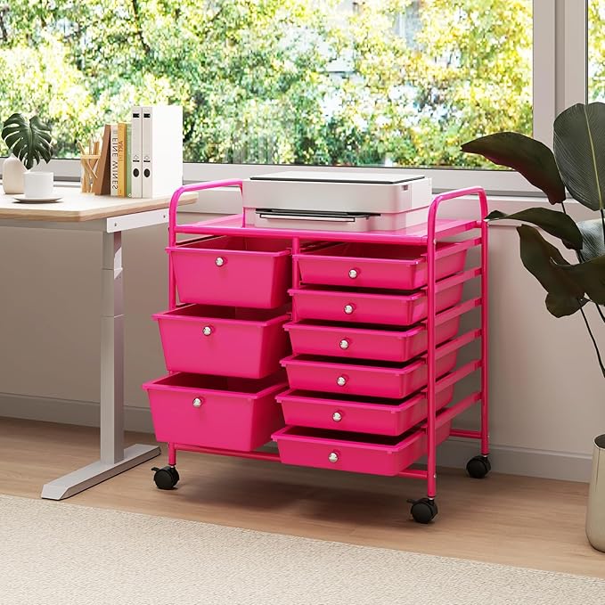 Moccha 9-Drawer Rolling Storage Cart - Under Desk Storage Drawers with wheels for Craft Art Supply Paper Salon, Scrapbook Paper Tools, Mobile Utility Cart for Classroom, Hot Pink