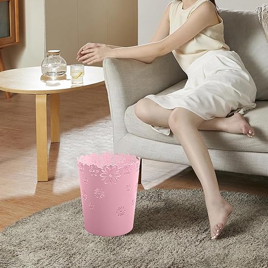 Simple Cute Wastebasket Hollow Flower Shape Plastic Lidless Wastepaper Baskets Trash Can Pink Bathroom Decor 3.6 Gallons Garbage can (Pink, XL)