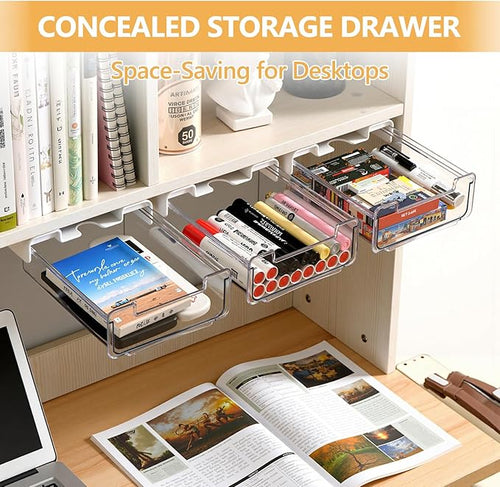 2 Pack Under Desk Storage Drawers Self-Adhesive Easy Hidden Desktop Organizer, Attachable Clear Acrylic Storage Tray Under Table Drawer for Home Office School Counters Workstation