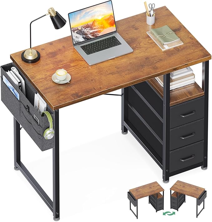 AODK 32 Inch Small Computer Desk with Fabric Drawers, Kids Study Desk for Bedroom, Home Office Desk with Storage Shelf & Bag for Small Space, Vintage