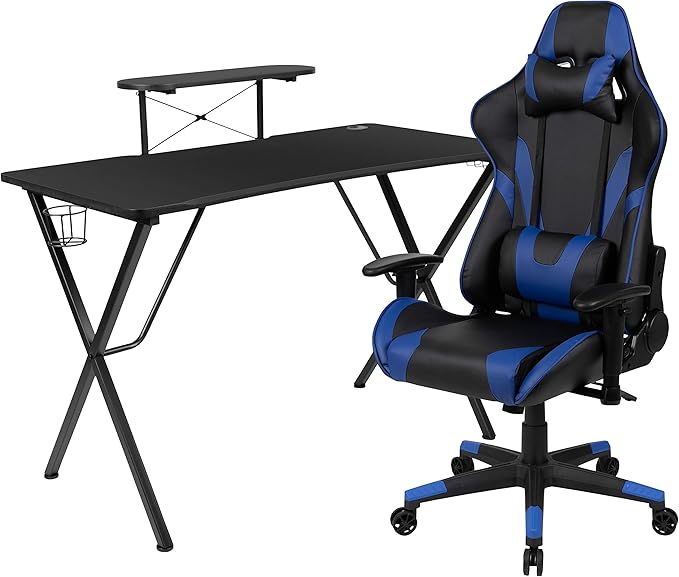 Flash Furniture Optis Black Gaming Desk and Blue Reclining Gaming Chair Set with Cup Holder, Headphone Hook, and Monitor/Smartphone Stand