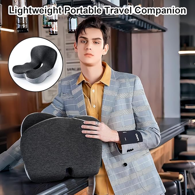 Memory Foam Office Chair Cushion, L-Shaped Integrated Seat Cushions, Chair Seat Cushion for Lower Back Tailbone Protection, Ergonomic SeatCushion with Lumbar Support (Black Gray)