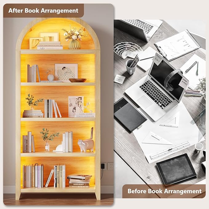 Arch Bookcase - 5 Tiers Bookshelf with 3 Colors LED Sensor Lights and Thickened Wooden Design Display Shelf for Lego Books Bathroom Living Room - Ideal Gift (Wood)
