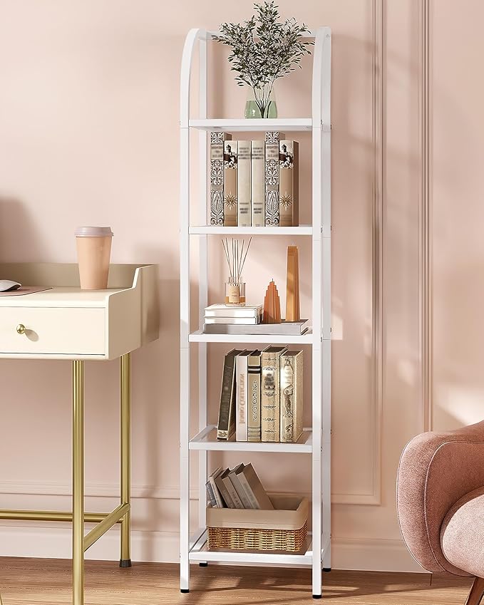 Hzuaneri Bookcase Bookshelf, Tempered Glass Arched Bookshelf for More Storage, Slim Shelving Unit for Bedroom, Bathroom, Home Office, Steel Frame, 5 Tier White BC20599W