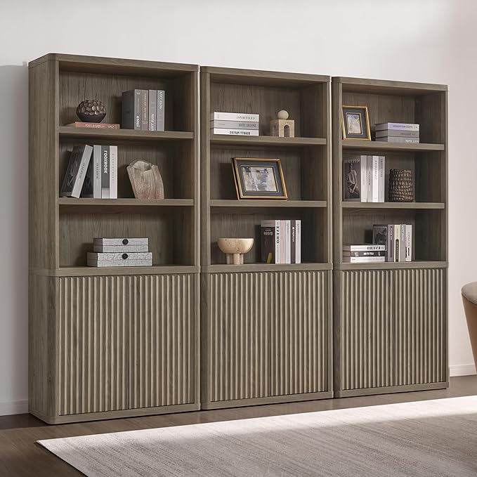 SICOTAS Book Shelf with Doors 71" Tall 6 Tier Bookshelf with Adjustable Shelves Fluted Booshelves & Bookcases Modern Book Case with Large Storage Display Cabinet for Living Room Home Office Bedroom