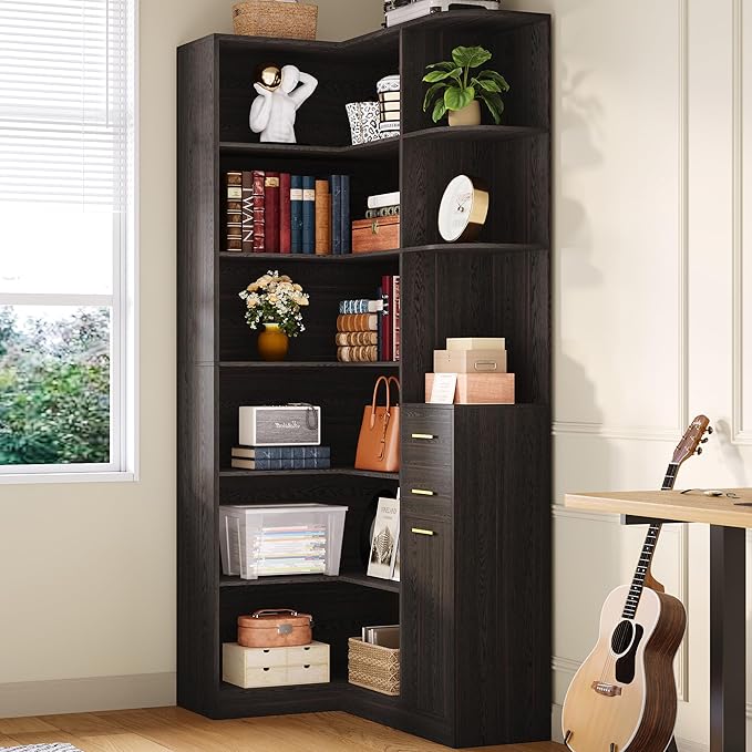 IRONCK Corner Bookshelf, 76" Tall Corner Bookshelves, 6 Tiers L-Shaped Bookcase with 10 Open Shelves and 2 Storage Drawers for Living Room or Home Office, Dark Brown