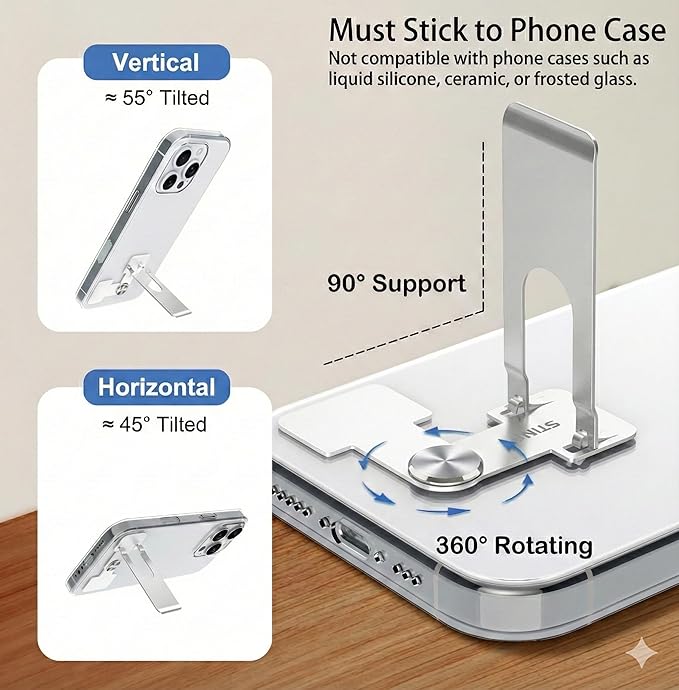 Phone Slim Stand Ultra Thin Kickstand, Unnoticeable Universal Vertical Horizontal Steel Metal Stable Mount Attachable Pocket Friendly Phone Holder for iPhone Samsung Phone Case (Sliver 1-Pack)