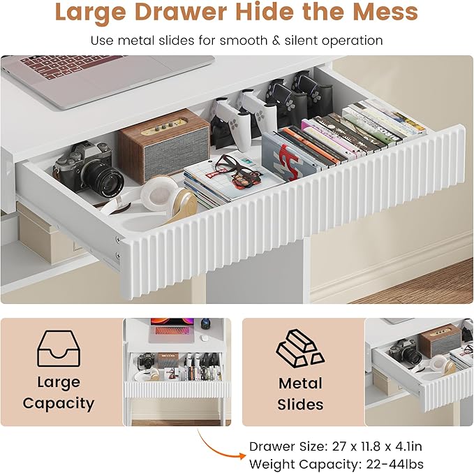 kepptory 63" Tall Computer Desk with Hutch, Fluted Wood Computer Desk, Featuring Charging Station, Drawer and Storage Cabinet, for Home Office Work and Study (White)