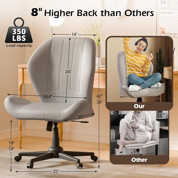 ZZW Criss Cross Chair with Wheels, Wide Cross Legged Office Chair Armless Comfy Desk Chair with Tall Back Vanity Chairs with Stress Relief Curved Design Seat for Bedroom & Office & Home Grey