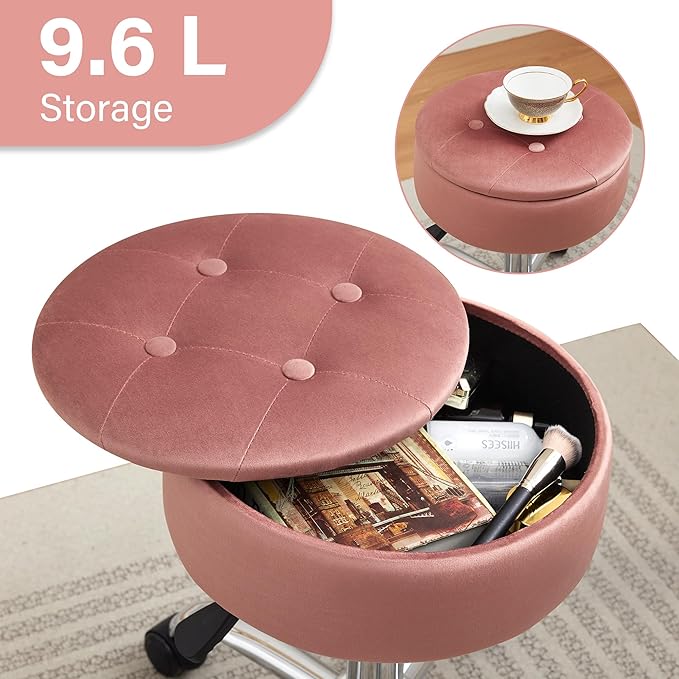 Gitrah Vanity Chair with Wheels Adjustable Vanity Stool with Storage Swivel Vanity Stool for Vanity Rolling Makeup Chair Pink