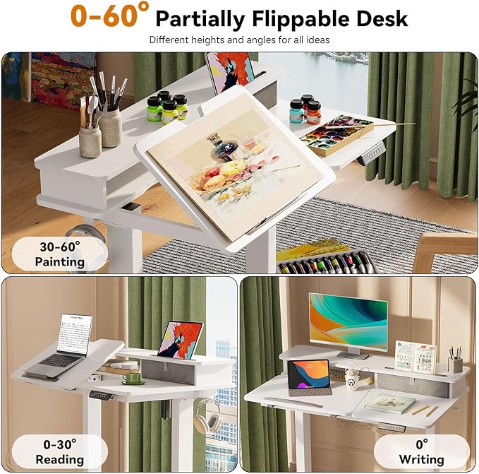 White Standing Desk，60° Tiltable Height Adjustable Electric Rising Desk，40Inch Foldable Mobile Laptop Table with Shelf,Monitor Stand, Drawer ,Flippable Drafting Workstation on Wheels for Kids’ Drawing