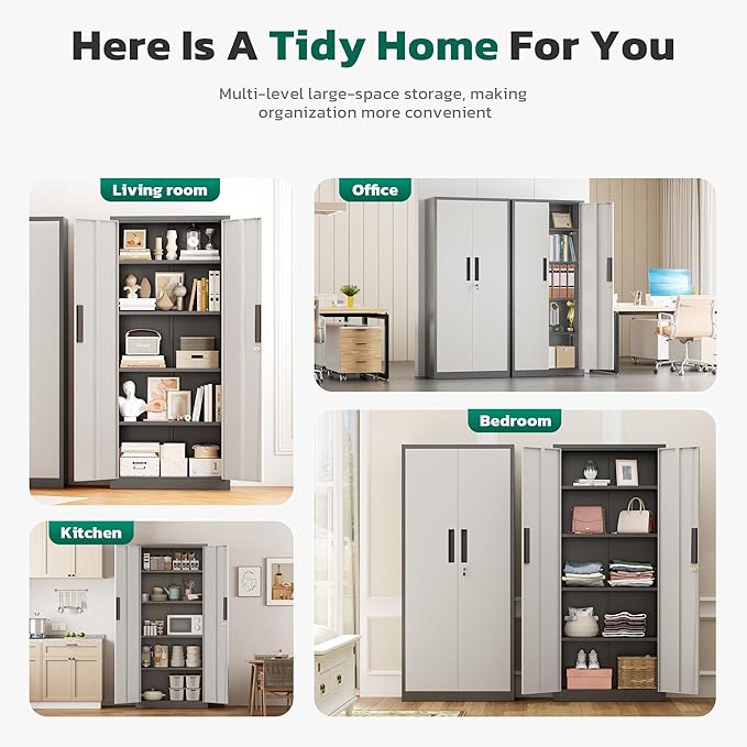 Greenvelly 63" H Metal Storage Cabinet Grey White, Locking Metal Cabinet, Store Tools, Clothes, Tableware and Toiletries, Garage Cabinets with Adjustable Shelves for Office, Home, Garage, Pantry