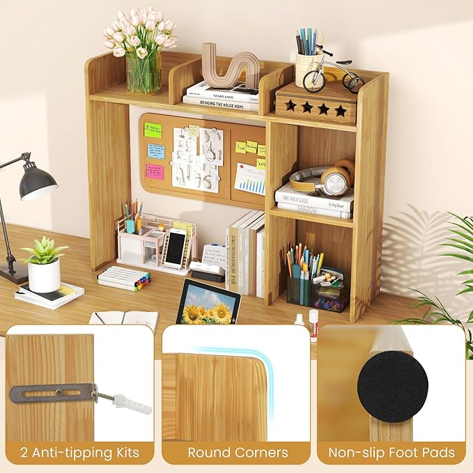 Desktop Bookshelf, 3-Tier Desk Hutch Shelf with 5 Display Rack for Computer Desk, Desk Organizer Shelves for Top of Desk, Dorm, Home, Office (Oak)