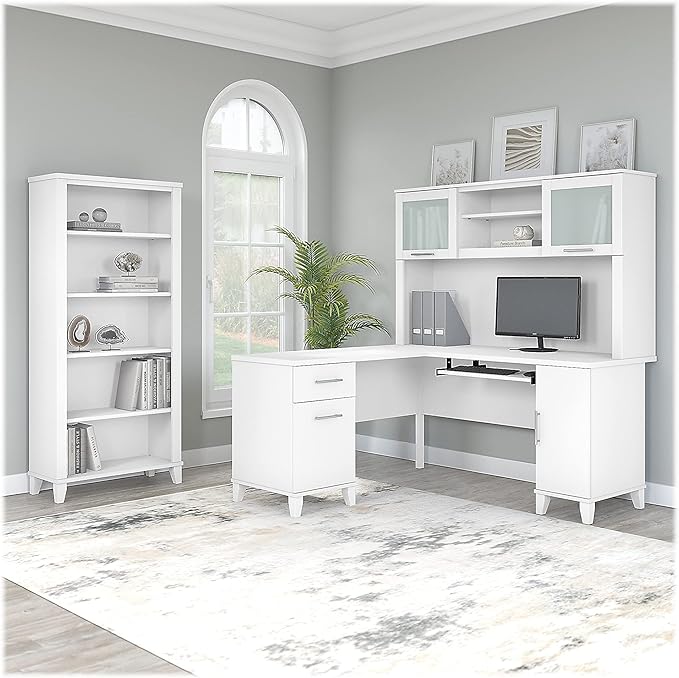 Bush Furniture Somerset 60W L Shaped Desk with Hutch and 5 Shelf Bookcase