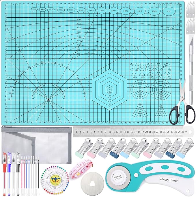 Rotary Cutting Mat and Tools Set, Audab 45mm Fabric Cropping Cutter Wheel with A3 Self Healing Sewing Mat, Blades, Quilting Ruler and Clips, Crafts Knife for Shirt Cloth Patchworking Scrapbooking