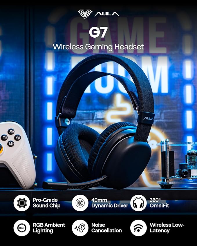 MechLands Aula G7 Wireless Gaming Headset for PS4/PS5/PC/Switch, Over-Ear Headphones with Detachable Noise Canceling Mic, RGB, Surround Sound, 60H Battery, 2.4GHz/BT/Wired (Black)