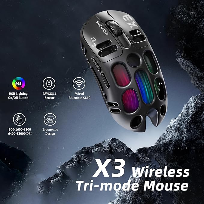 X3 Wireless Gaming Mouse with 70g Lightweight Hollowed Out Design – 12,000 DPI PAW 3311 Sensor, 6 Programmable Buttons, Support Wired/2.4GHz/BT for PC/Mac/Gamer (Black)