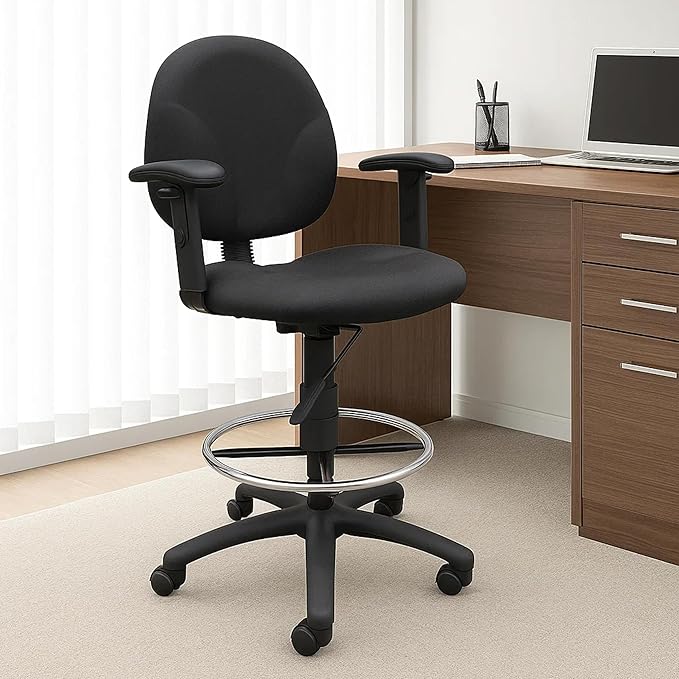 Benzara Zem Drafting Stool with Adjustable Arms & Chrome Footring, Black Crepe