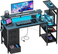 51 Inch Gaming Desk with LED Lights and Power Outlets, Computer Desk with Storage Shelves, Fabric Drawers, Monitor Stand & Side Hook, Reversible Gamer Table for Home Office, Carbon Fiber Black
